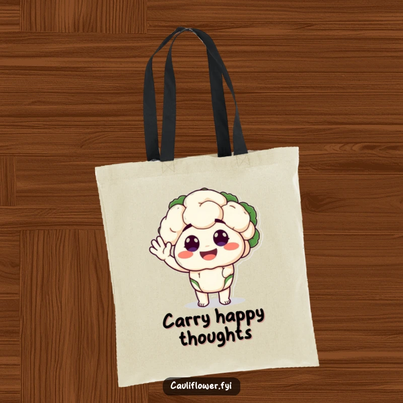 Funny tote bag with a cauliflower character with big, happy eyes performing a silly wave, ideal for shopping or daily use.