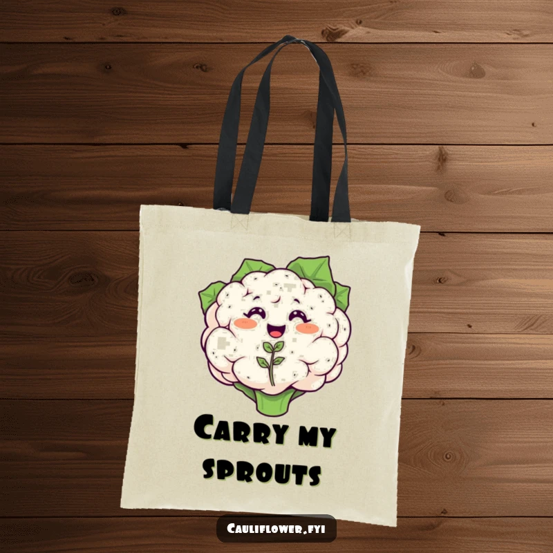 Funny tote bag with a smiling cauliflower nurturing a tiny, happily sprouting cauliflower seedling, ideal for gardeners.