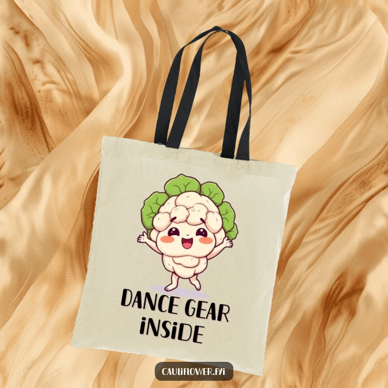 Funny tote bag with a smiling cauliflower character doing a silly dance, florets wobbling, a fun accessory for any outing.