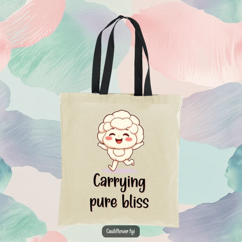 Funny Kawaii cauliflower tote bag features a veggie giggling with rosy cheeks, happily skipping along, perfect for carrying daily items.