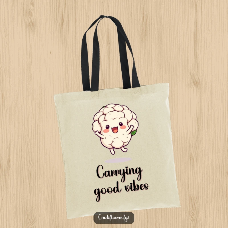Funny kawaii cauliflower tote bag depicting a joyful hop with a bounce, a humorous and practical carry-all.