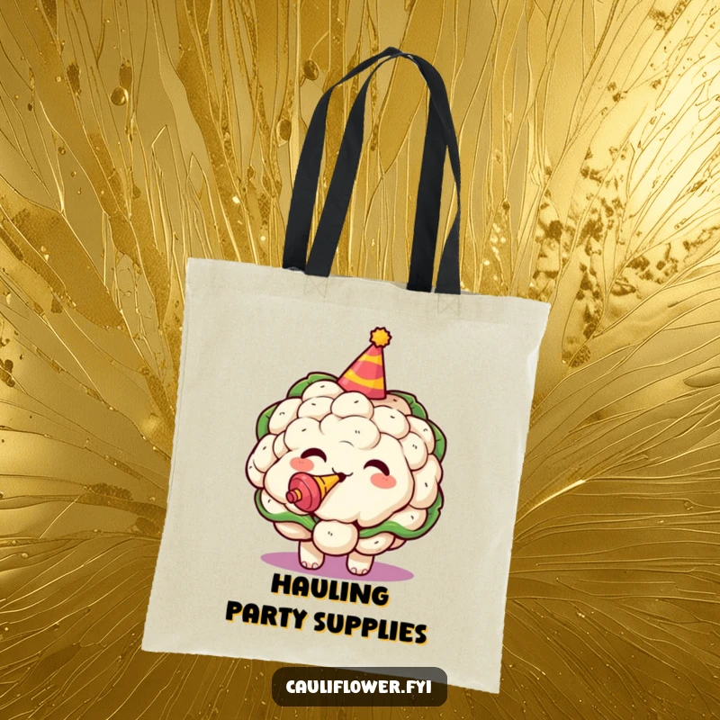 Funny tote bag with a kawaii cauliflower wearing a party hat and blowing a noisemaker with joy.