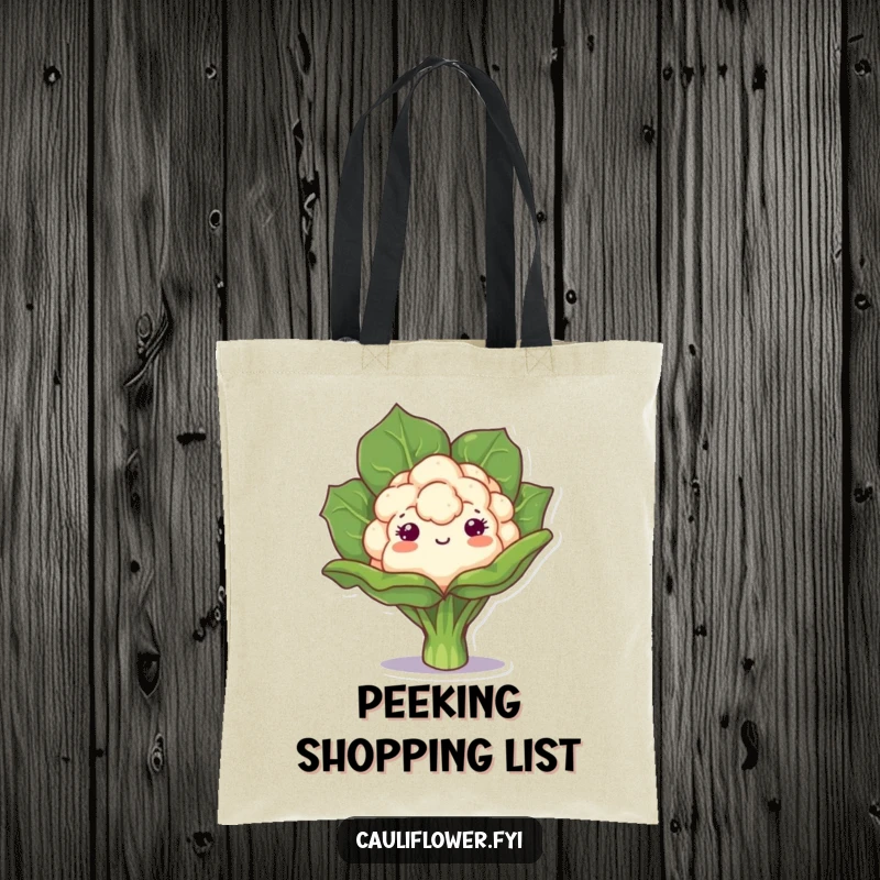 Funny tote bag with a kawaii cauliflower peeking from behind a leaf, perfect for carrying essentials with playful curiosity and charm.