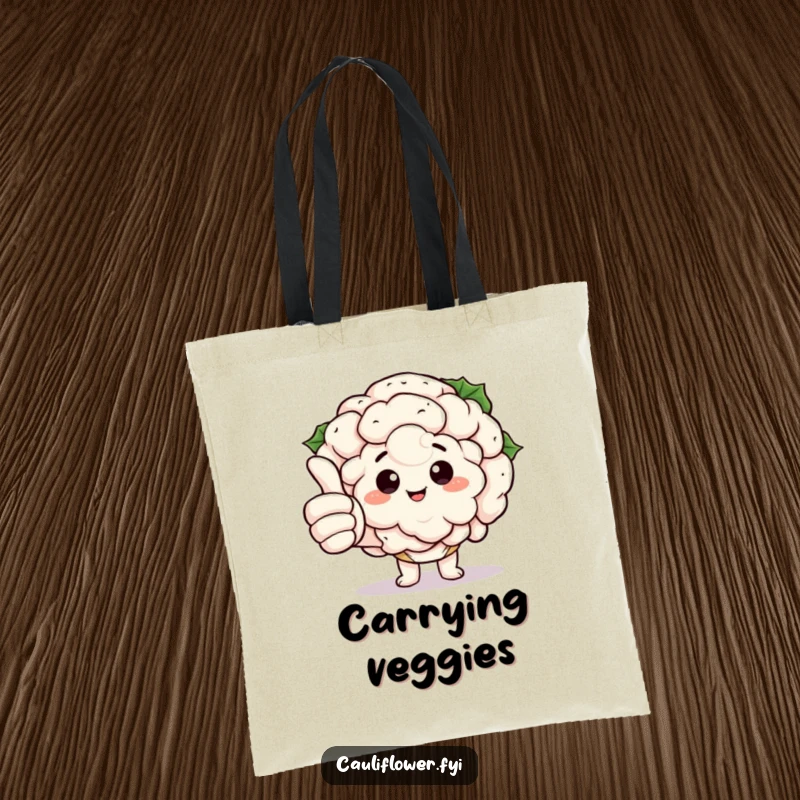 Funny Kawaii Cauliflower Tote Bag: A durable tote showcasing a cauliflower character giving a large thumbs up with comically oversized fingers, a fun accessory.