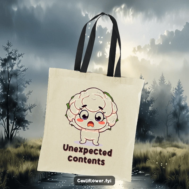Funny Tote Bag with a kawaii cauliflower character in a dramatic, shocked pose with wide eyes, ideal for everyday surprises.