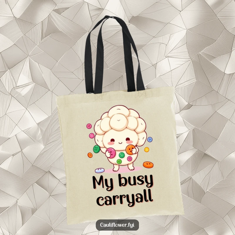 Funny Kawaii cauliflower character juggling colorful buttons on a tote bag, designed for stylish organization.
