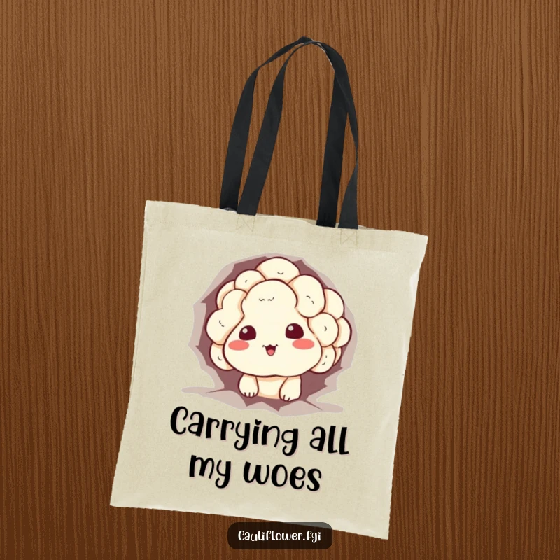 Funny cauliflower tote bag with a character stuck in a hole, sporting a sheepish grin, perfect for carrying items with humor.