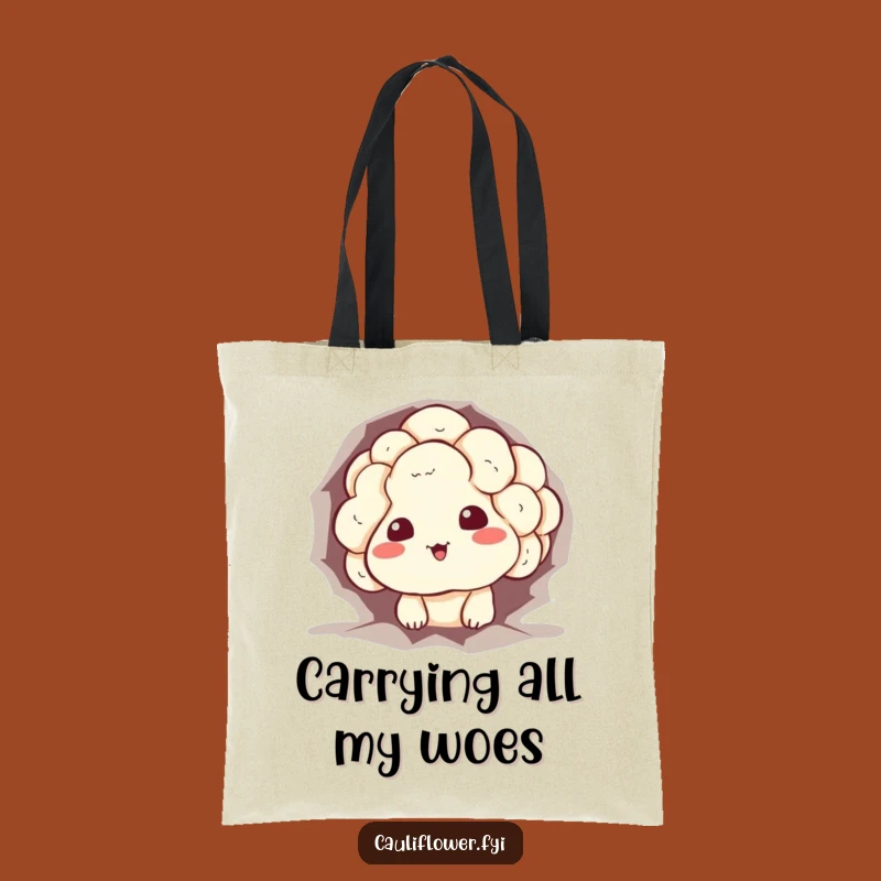 Funny Stuck Cauliflower Tote Bag: Sheepish Grin Veggie Accessory, Ideal Funny Gift