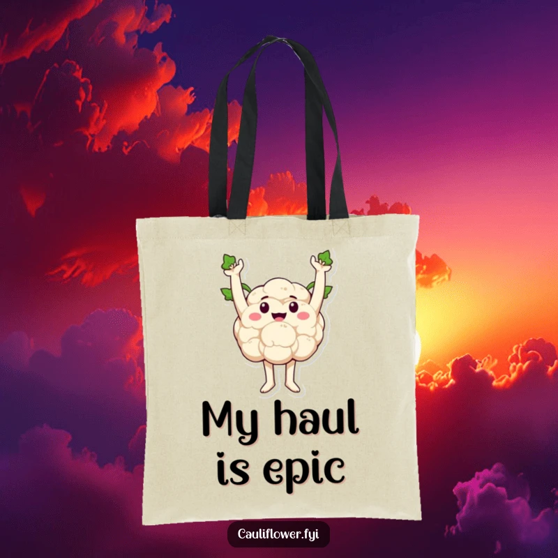 Funny cauliflower in a victorious stance, sprout arms raised high, ready to carry your belongings with pride.