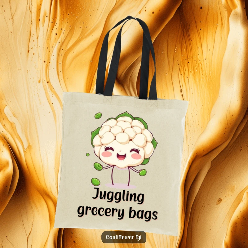 Funny Cauliflower Tote Bag showcasing a happy veggie head juggling peas, perfect for carrying essentials with humorous flair.