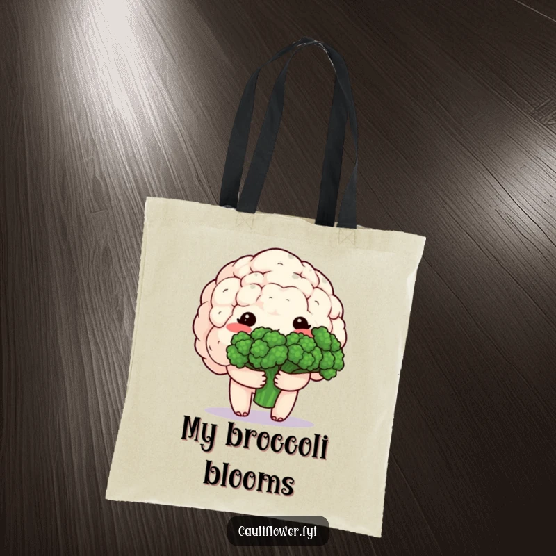 Funny tote bag with a shy, blushing kawaii cauliflower holding a bouquet of broccoli, perfect for carrying smiles.