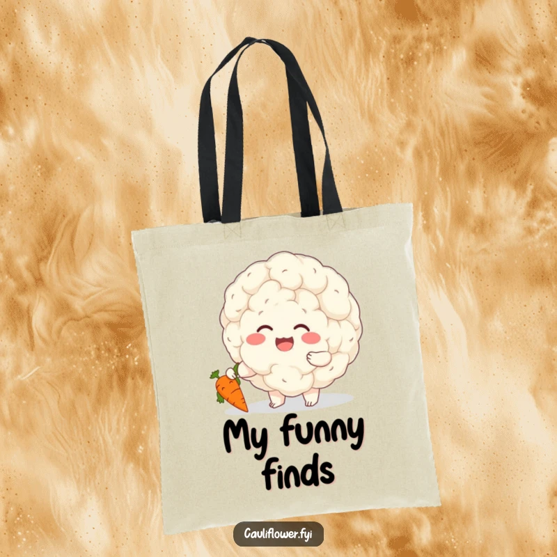 Funny tote bag with a cheerful cauliflower giggling while tickling a small carrot, perfect for carrying smiles and essentials.