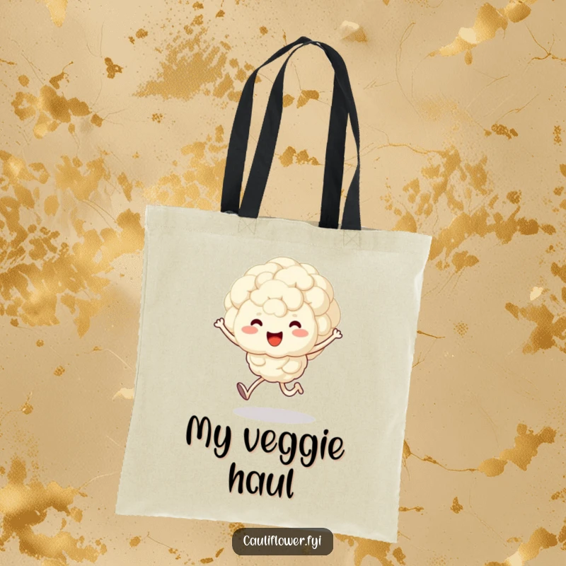 Funny tote bag featuring a fluffy, kawaii cauliflower with arms and legs skipping joyfully, a cute veggie companion for any outing.
