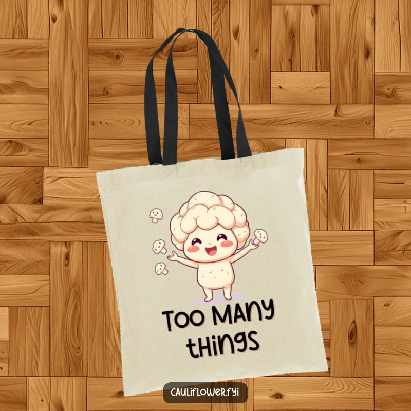 Funny Kawaii cauliflower tote bag featuring a veggie juggling florets with expert enthusiasm, a perfect bag for daily use.