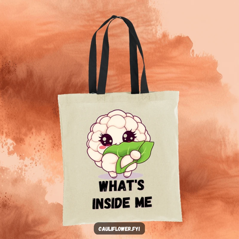 Funny Kawaii cauliflower tote bag features a veggie with sparkling eyes peeking from behind a leaf, perfect for daily errands.